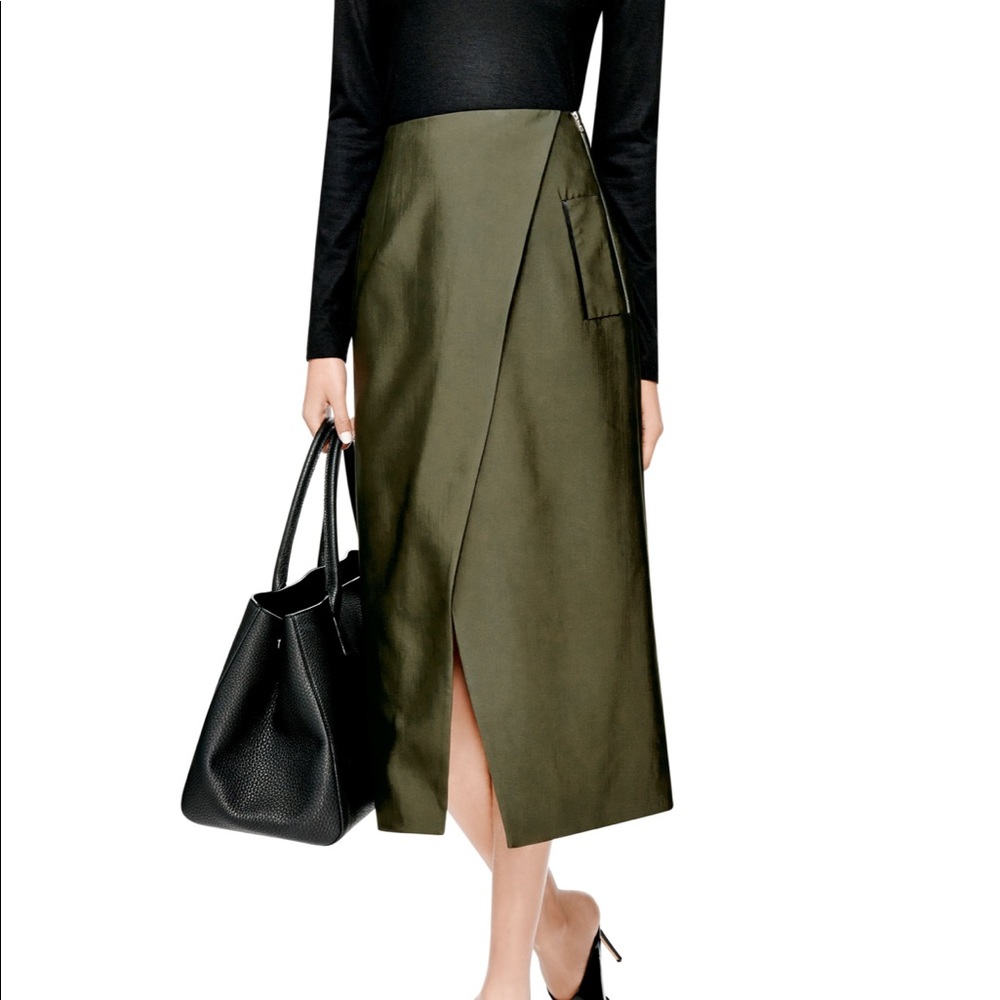 Designer Josh Goot military army green wrap midi length skirt